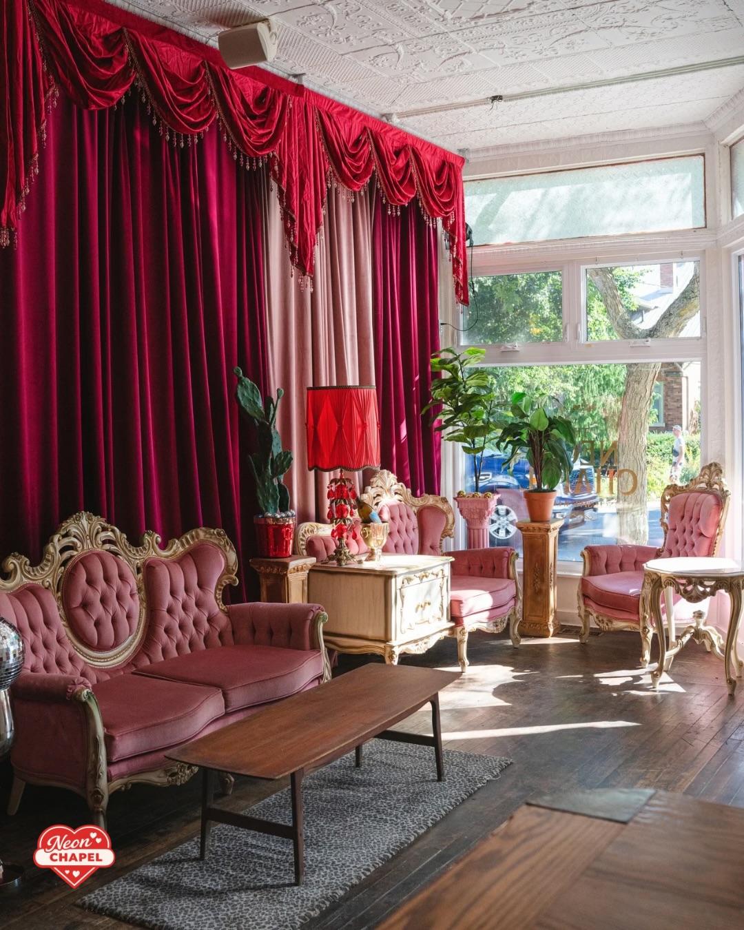 Sunlit lounge with pink tufted Victorian sofas, red velvet drapes and a red lamp beside a cactus